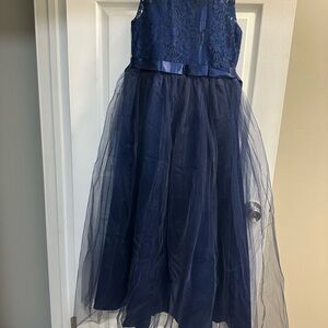 Charming Navy Blue Kids Dress with Lace Bodice